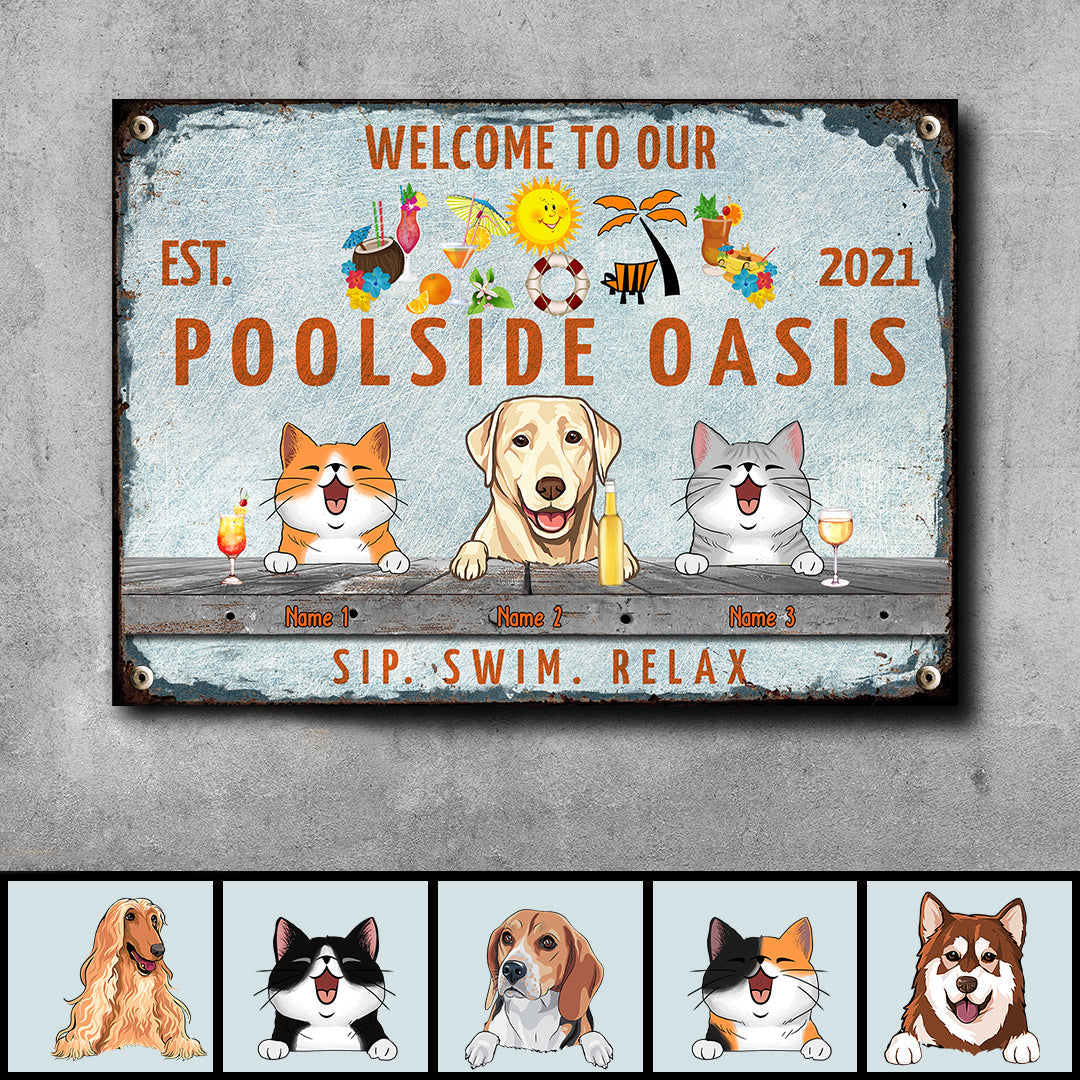 Metal Pool Signs, Gifts For Pet Lovers, Poolside Oasis Sip Swim Relax Hawaii Style Welcome Signs