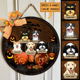 Trick Or Treat - Dogs On Scary Pumpkins - Personalized Dog Halloween Door Sign