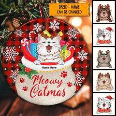 CATS AND DOGS IN SANTA BAG RED CHECKERED ROUND CERAMIC ORNAMENTS - PERSONALIZED CATS AND DOGS DECORATIVE CHRISTMAS ORNAMENTS