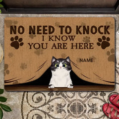 NO NEED TO KNOCK WE KNOW YOU ARE HERE CUSTOM DOORMAT, GIFTS FOR PET LOVERS, BROWN FRONT DOOR MAT