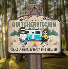 Custom Personalized Camping Wooden Sign - Gift Idea For Couple/ Camping Lovers - Couple With Upto 4 Dogs - Welcome To Camp Quitcherbitchin
