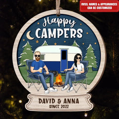 Happy Campers - Personalized Wooden Ornament, Christmas Gift For Couple Camping Lovers