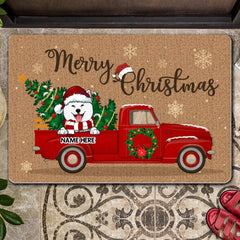 Merry Christmas, Red Truck & Christmas Tree, Personalized Dog Breeds Doormat, Dog Lovers Gifts