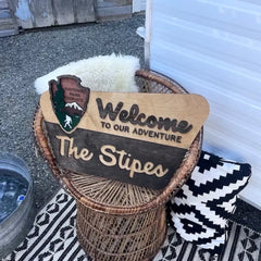 National Park Service Welcome Sign - NPS inspired family name sign, custom layered laser cut & engraved, wilderness enthusiast