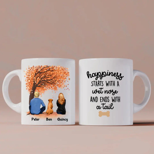 Man and Woman and Dogs Personalized Mug - Name, skin, hair, dog, background, quote can be customized