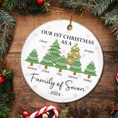 First Christmas As A Family Of Three - Personalized Circle Ceramic Ornament