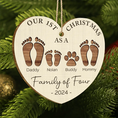 First Christmas As A Family Of Four Footprints - Personalized Custom Shaped Wooden Ornament