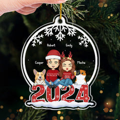 Couple & Pets Merry Christmas - Dog & Cat Personalized Custom Ornament - Acrylic Snow Globe Shaped - Christmas Gift For Pet Owners, Pet Lovers