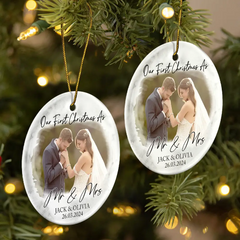 Custom Photo First Christmas As Mr & Mrs Couples - Personalized Circle Ceramic Ornament