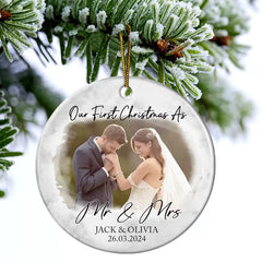 Custom Photo First Christmas As Mr & Mrs Couples - Personalized Circle Ceramic Ornament