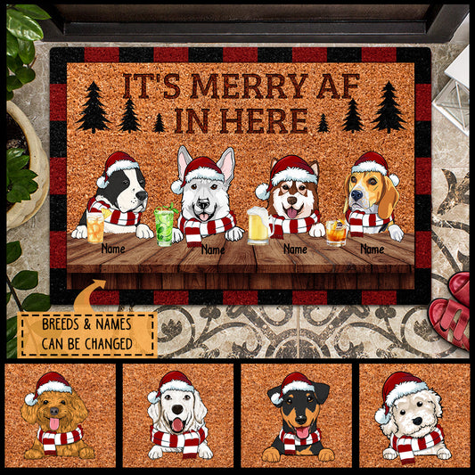 It's Merry Af In Here, Pine Tree, Personalized Christmas Dog Breeds Doormat, Christmas House Decor