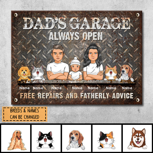 Welcome Metal Garage Sign, Gifts For Pet Lovers, Dad's Garage Always Open Free Repairs And Fatherly Advice Funny Sign