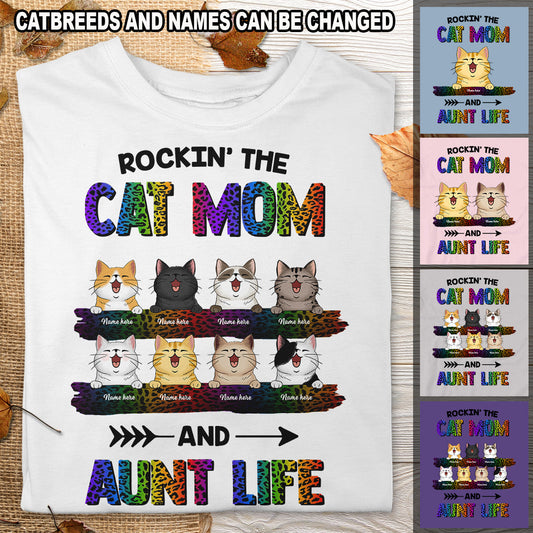 Rockin' The Cat Mom And Aunt Life - Rainbow Leopard Print - Personalized Cat T-shirt