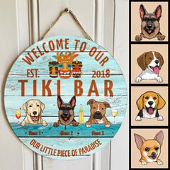 Welcome To Our Tiki Bar Our Little Piece Of Paradise, Hawaii Style Door Hanger, Personalized Dog Breeds Door Sign