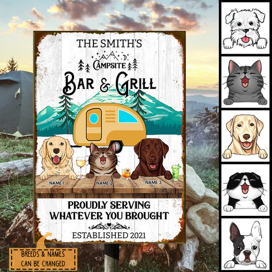 Campsite Bar & Grill Proudly Serving Whatever You Brought, Camping Sign, Personalized Dog & Cat Metal Sign