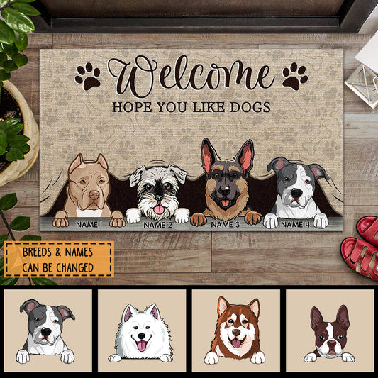 Welcome Hope You Like Dogs, Dog Peeking From Curtain, Personalized Dog Breeds Doormat, Home Decor, Gifts For Dog Lovers