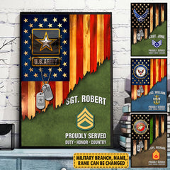 Personalized Gift For Military Veteran Dad Grandpa Veteran Custom Rank And Name Veteran American Rustic Flag Poster K1702